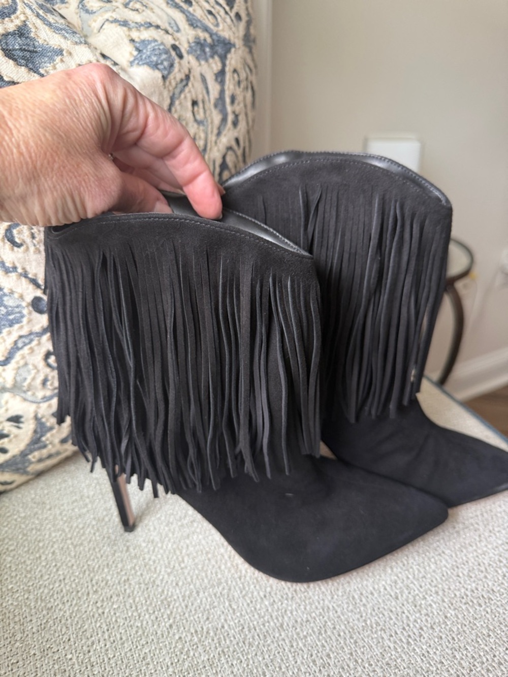SCHUTZ Black Suede Pointed-Toe Fringe Ankle Booties - Picture 5 of 8